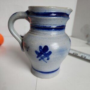 Salt Glazed Water Pitcher Blue & Gray 4.75" Tall x 3.5" Diameter